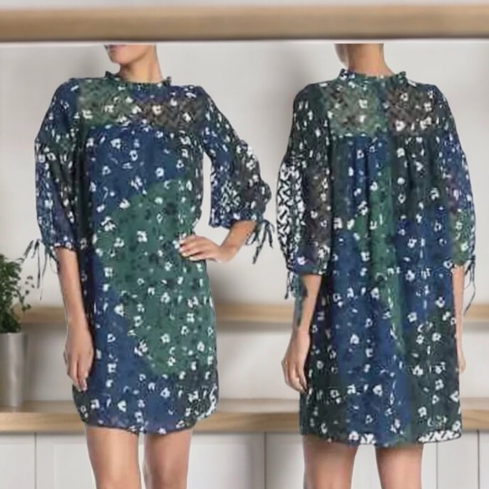 Susma Blue Patchwork Sheer Floral High Ruffle Neck Tie 3/4 Sleeve Shift Dress